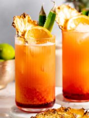 Two highball glasses filled with bay breeze cocktail and garnished with dried pineapple slices.