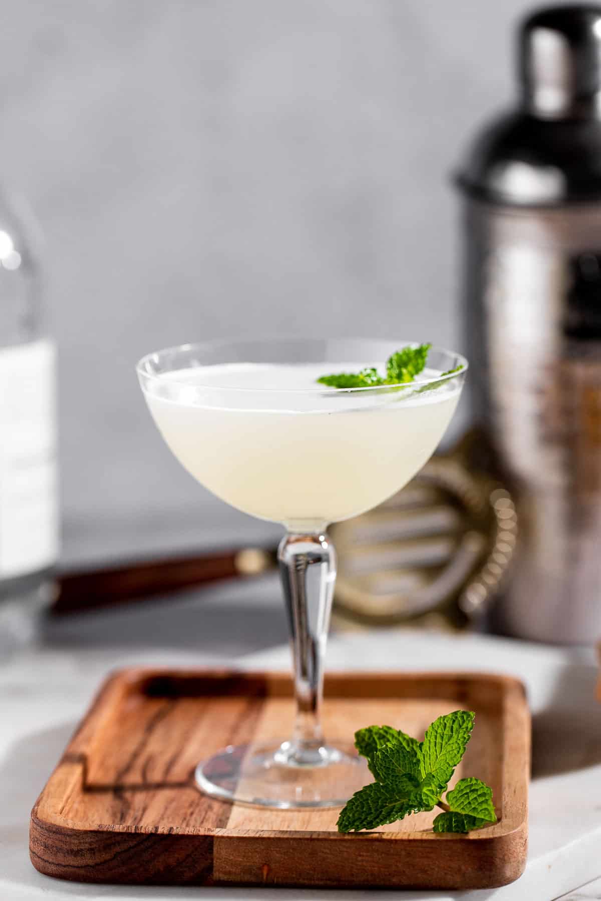 A South Side Cocktail in a serving glass garnished with fresh mint.