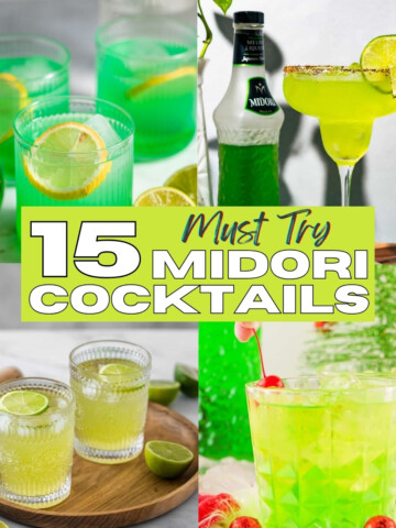 Collage for four green cocktails made with Midori liqueur.