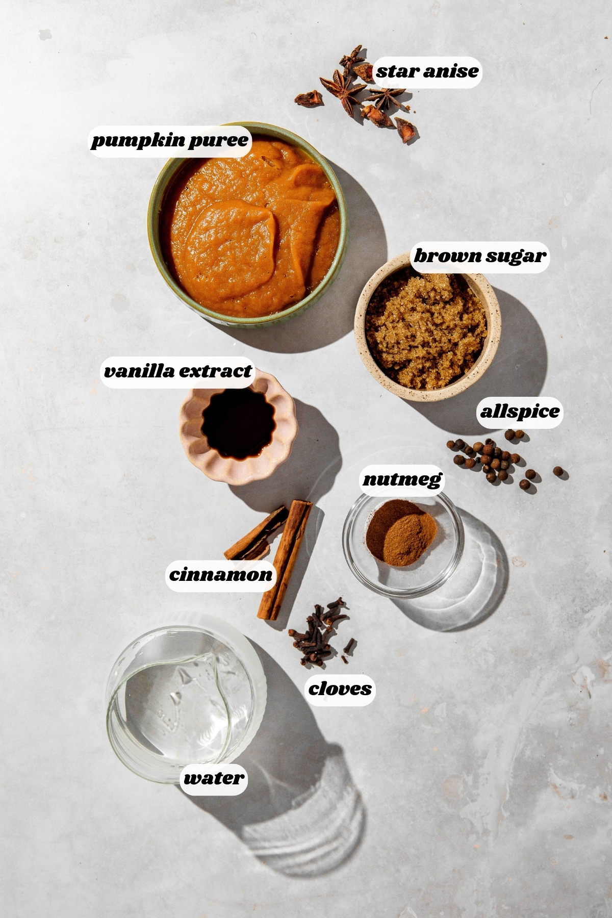 Ingredients for pumpkin spice syrup sitting on a concrete counter.